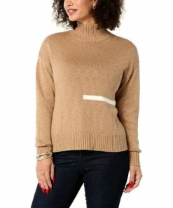 Coupon 🥰 MarlaWynne WynneLayers Cotton-Blend Intarsia Stripe Mock-Neck Sweater Khaki 💯