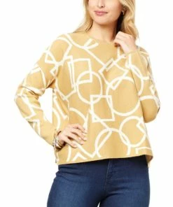Discount 🧨 MarlaWynne WynneLayers Geometric Pattern Jacquard Knit Cropped Sweater Prairie Sand/ecru 🤩
