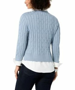 Deals 👏 MarlaWynne WynneLayers SoftKNIT Mixed Media Cable Sweater With 👚 Shirt Collar Faded Blue/white Combo 🛒 -Outlet MarlaWynne Sales unnamed file 156