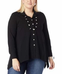 Discount 🔥 MarlaWynne WynneLayers Cotton-Blend Jersey Button-Down 👚 Shirt Black 😀 -Outlet MarlaWynne Sales unnamed file 2403