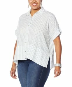 Coupon ✔️ MarlaWynne WynneLayers Short-Sleeve Button-Up Square 👚 Shirt Cloud/blue Stripe ✔️ -Outlet MarlaWynne Sales unnamed file 2609