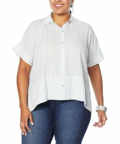 Coupon ✔️ MarlaWynne WynneLayers Short-Sleeve Button-Up Square 👚 Shirt Cloud/blue Stripe ✔️ -Outlet MarlaWynne Sales unnamed file 2610